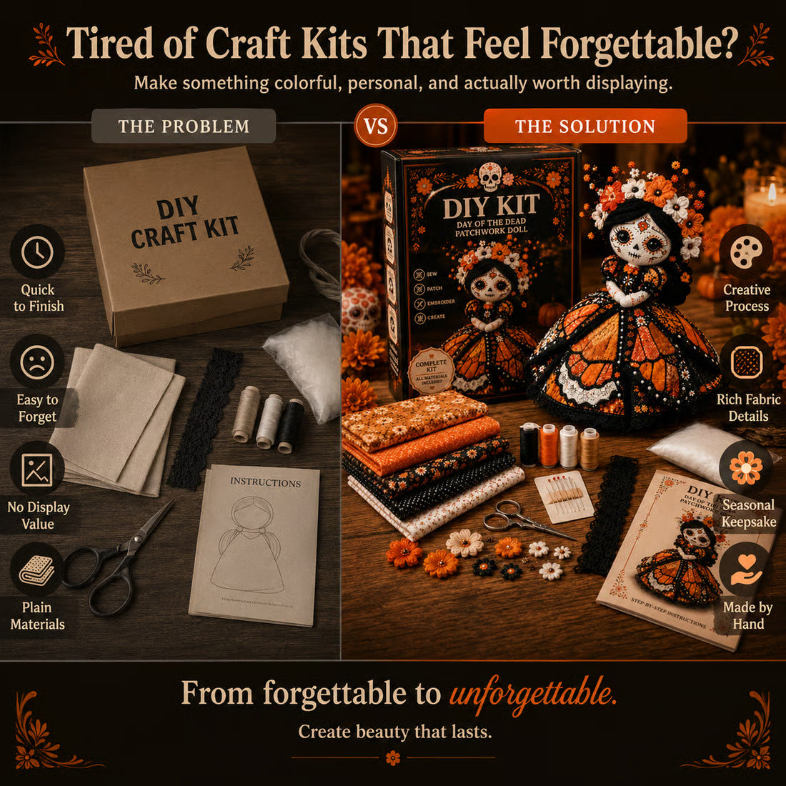 🎃 Day of the Dead Patchwork Doll DIY Sewing Kit – Handmade Fabric Doll Making Kit with Floral Details