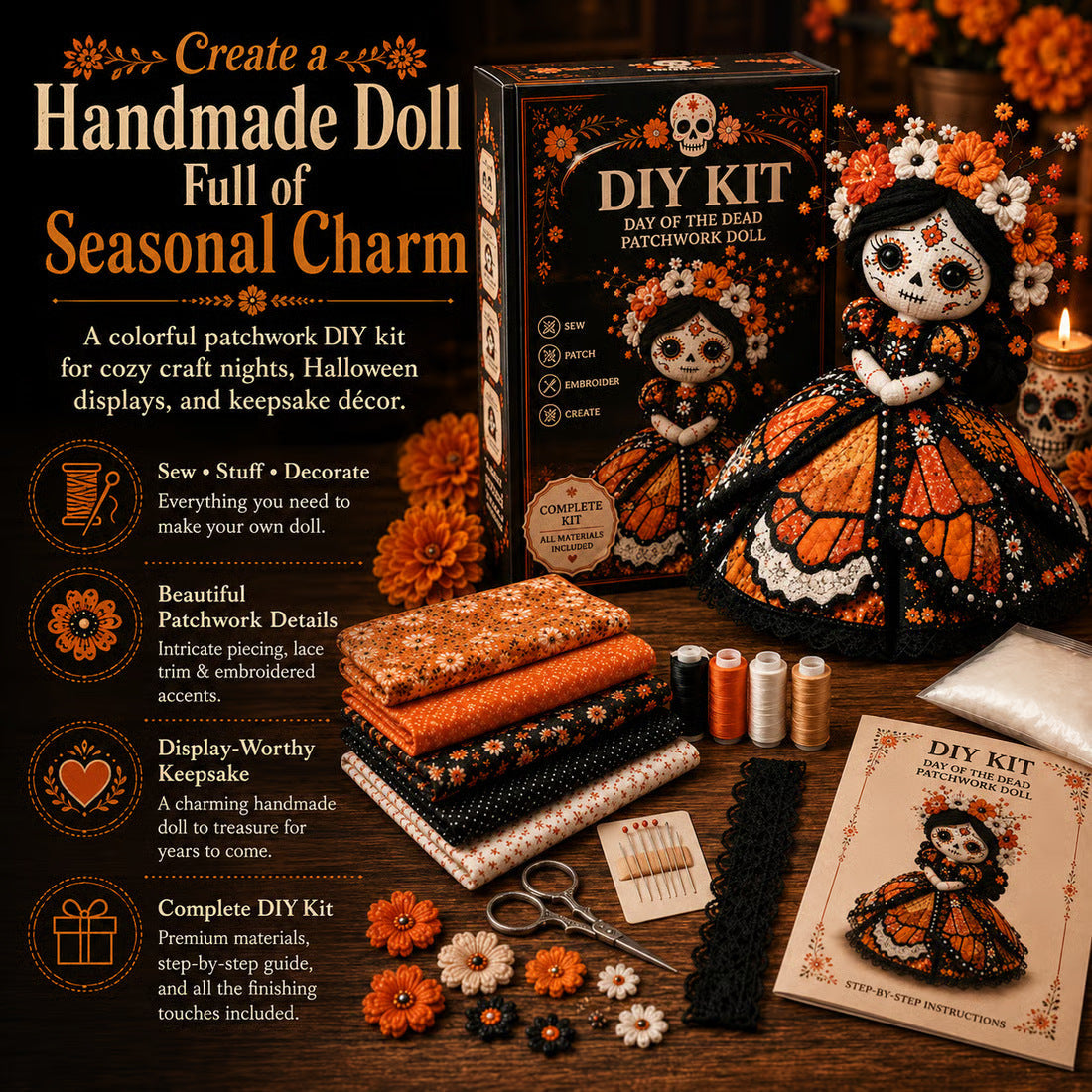 🎃 Day of the Dead Patchwork Doll DIY Sewing Kit – Handmade Fabric Doll Making Kit with Floral Details