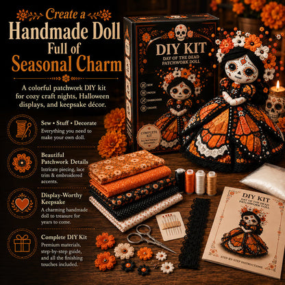 🎃 Day of the Dead Patchwork Doll DIY Sewing Kit – Handmade Fabric Doll Making Kit with Floral Details