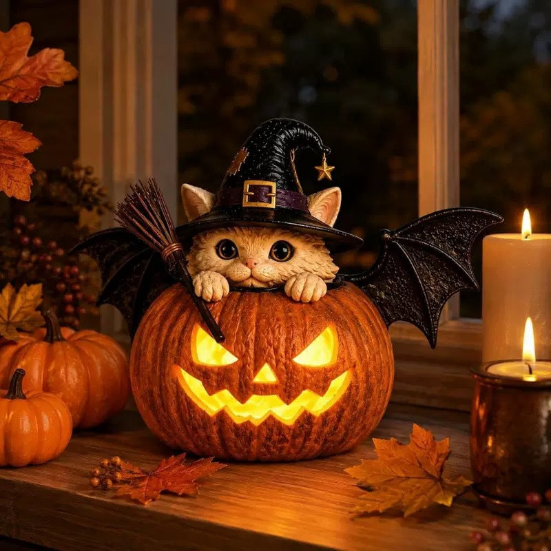 🔥 Holiday Celebration 50% OFF ✨- Cute Witch Cat Pumpkin Light with Flickering LED & Timer for Easy Decor 🎃✨