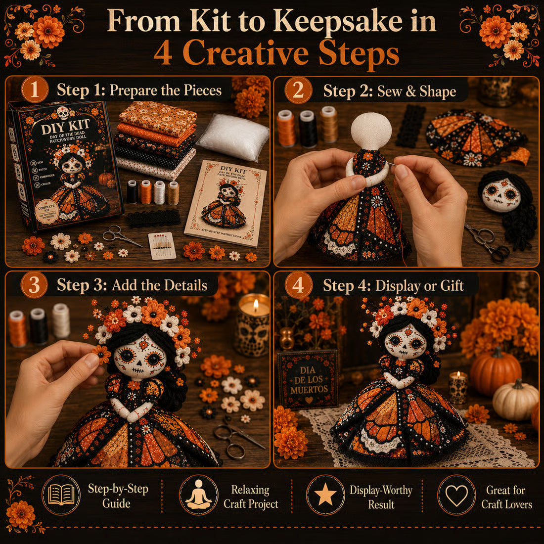 🎃 Day of the Dead Patchwork Doll DIY Sewing Kit – Handmade Fabric Doll Making Kit with Floral Details