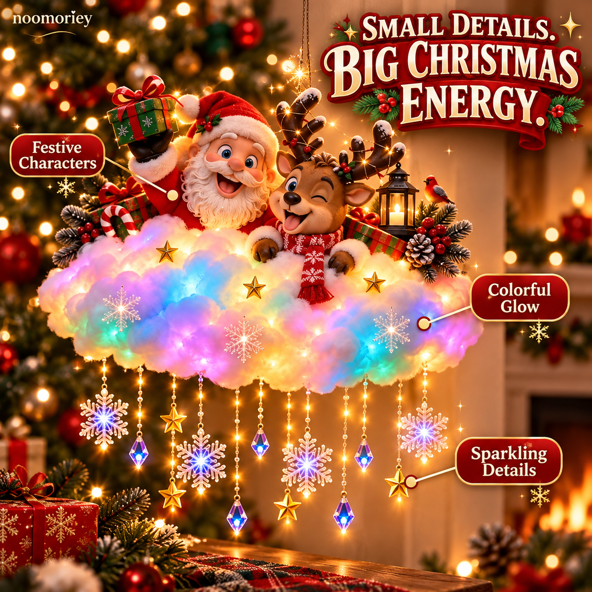 ✨ Santa & Reindeer Light-Up Christmas Cloud – A Holiday Story for Your Wall