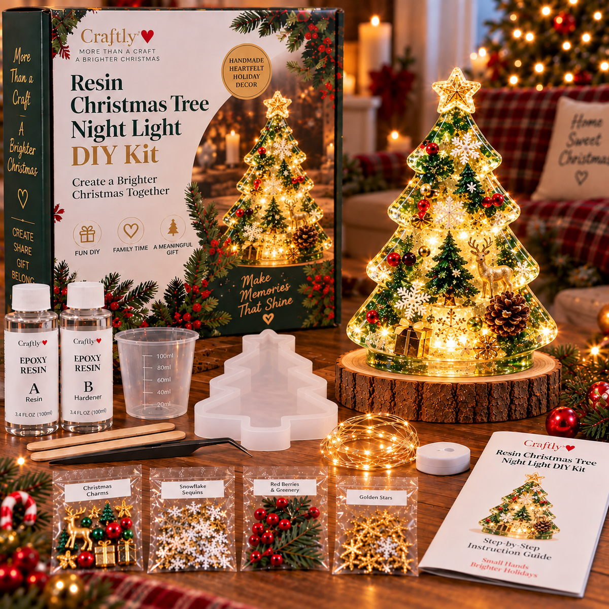 🎄 Christmas Hot Sale - 50% OFF✨Beginner-Friendly Resin Christmas Tree Night Light DIY Kit | Complete Kit with Mold, Resin, Fairy Lights & Festive Decorations ✨