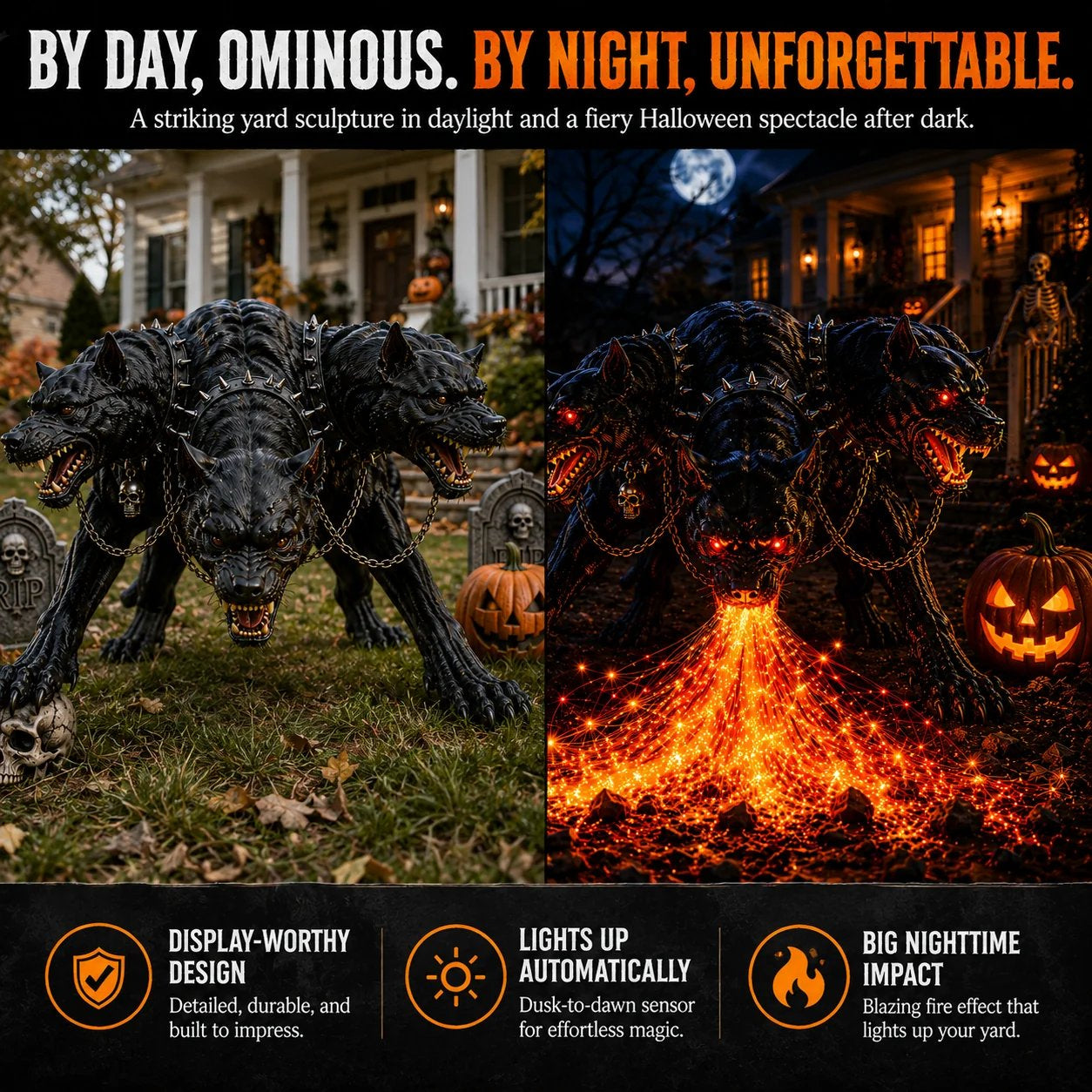 🔥 Three-Headed Hellhound Solar Garden Light – Fire-Breathing Halloween Yard Guardian