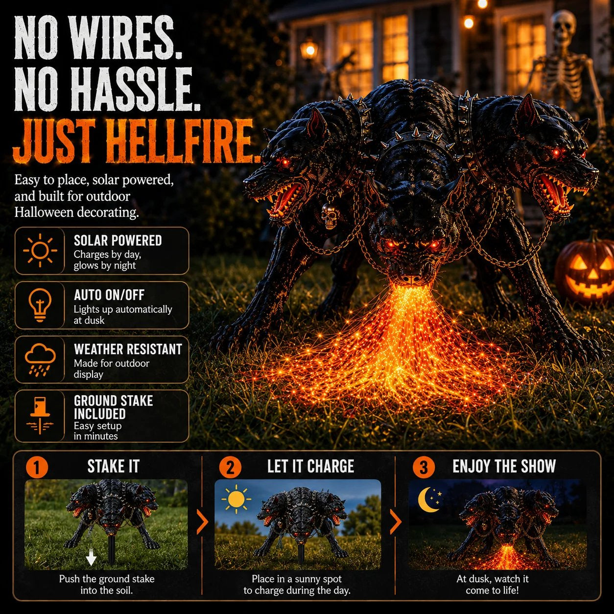 🔥 Three-Headed Hellhound Solar Garden Light – Fire-Breathing Halloween Yard Guardian