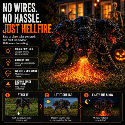 🔥 Three-Headed Hellhound Solar Garden Light – Fire-Breathing Halloween Yard Guardian