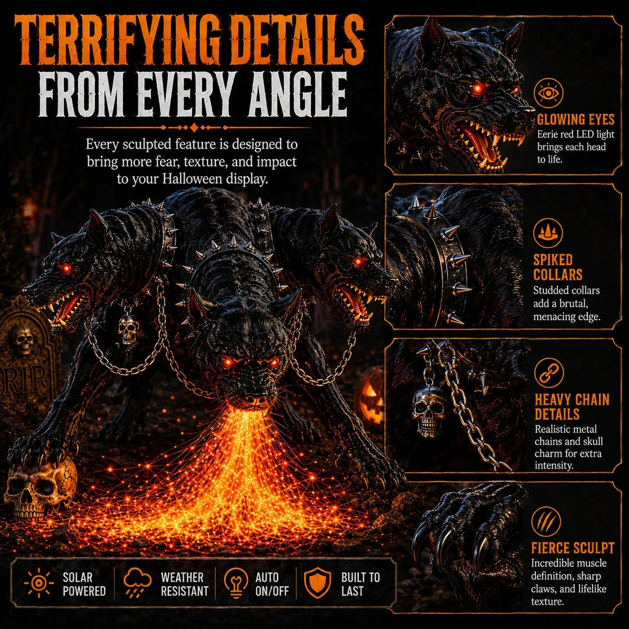 🔥 Three-Headed Hellhound Solar Garden Light – Fire-Breathing Halloween Yard Guardian