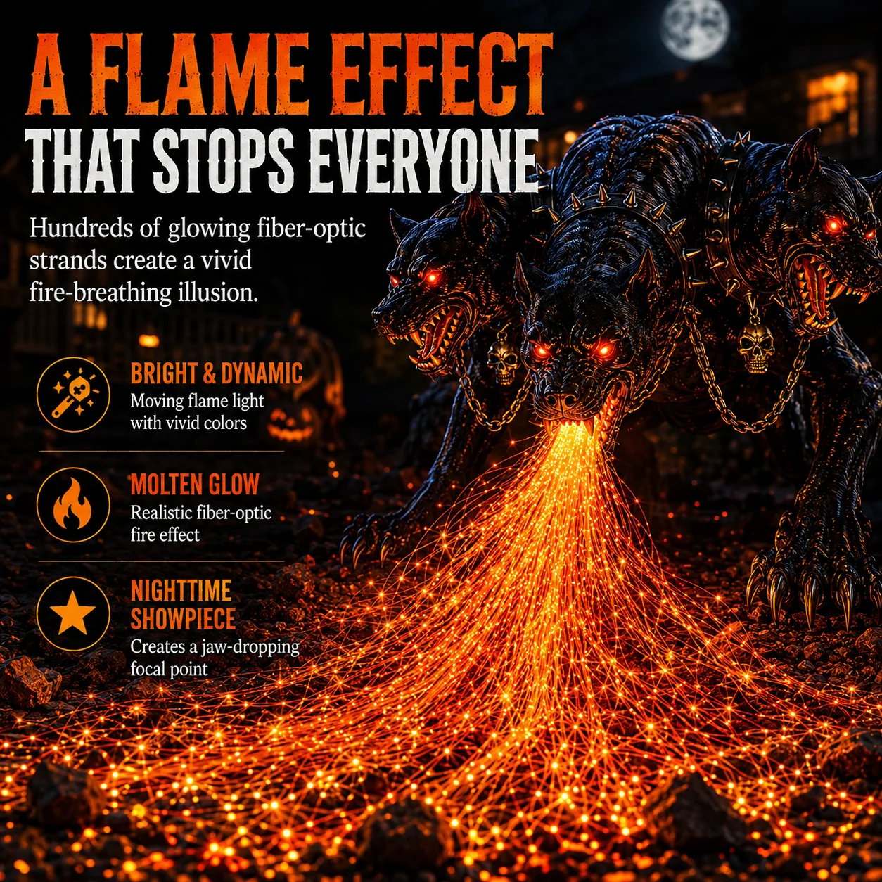 🔥 Three-Headed Hellhound Solar Garden Light – Fire-Breathing Halloween Yard Guardian