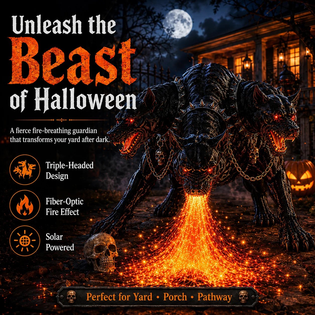 🔥 Three-Headed Hellhound Solar Garden Light – Fire-Breathing Halloween Yard Guardian