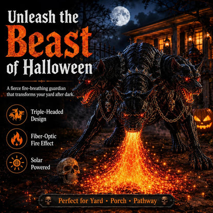 🔥 Three-Headed Hellhound Solar Garden Light – Fire-Breathing Halloween Yard Guardian