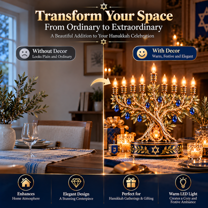 ✡️✨ Radiant Olive Tree™ – 9-Light LED Hanukkah Menorah | Royal Blue & Gold Holiday Centerpiece
