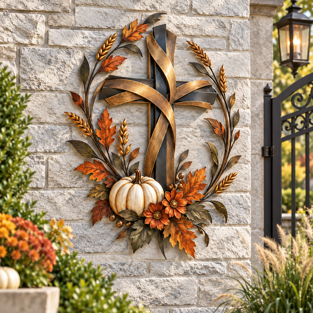 Autumn Cross & Pumpkin Harvest Metal Wall Decor