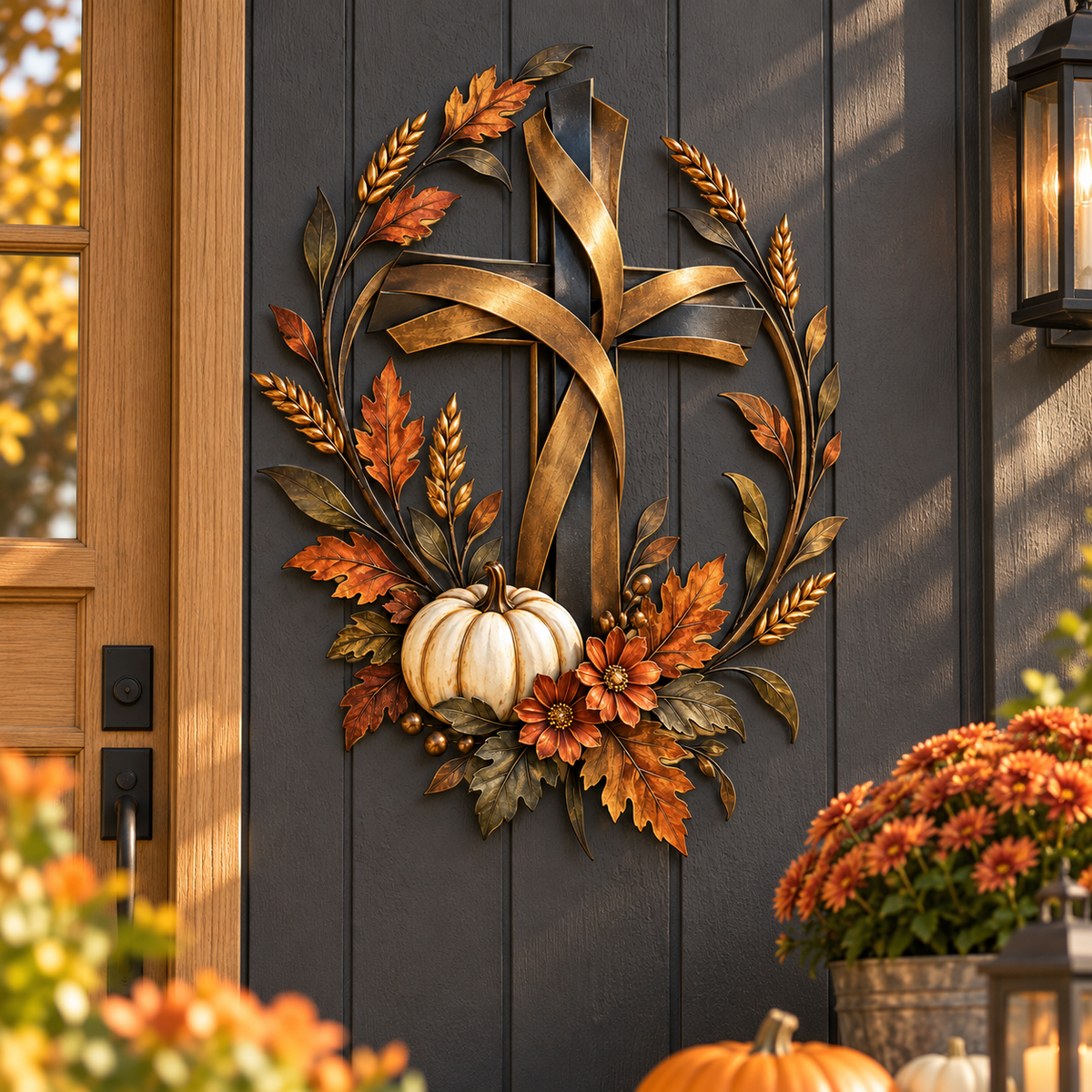 Autumn Cross & Pumpkin Harvest Metal Wall Decor