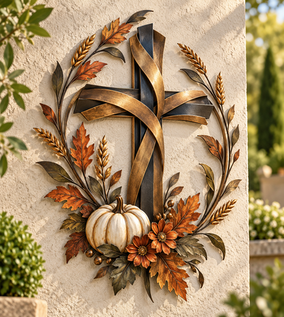 Autumn Cross & Pumpkin Harvest Metal Wall Decor