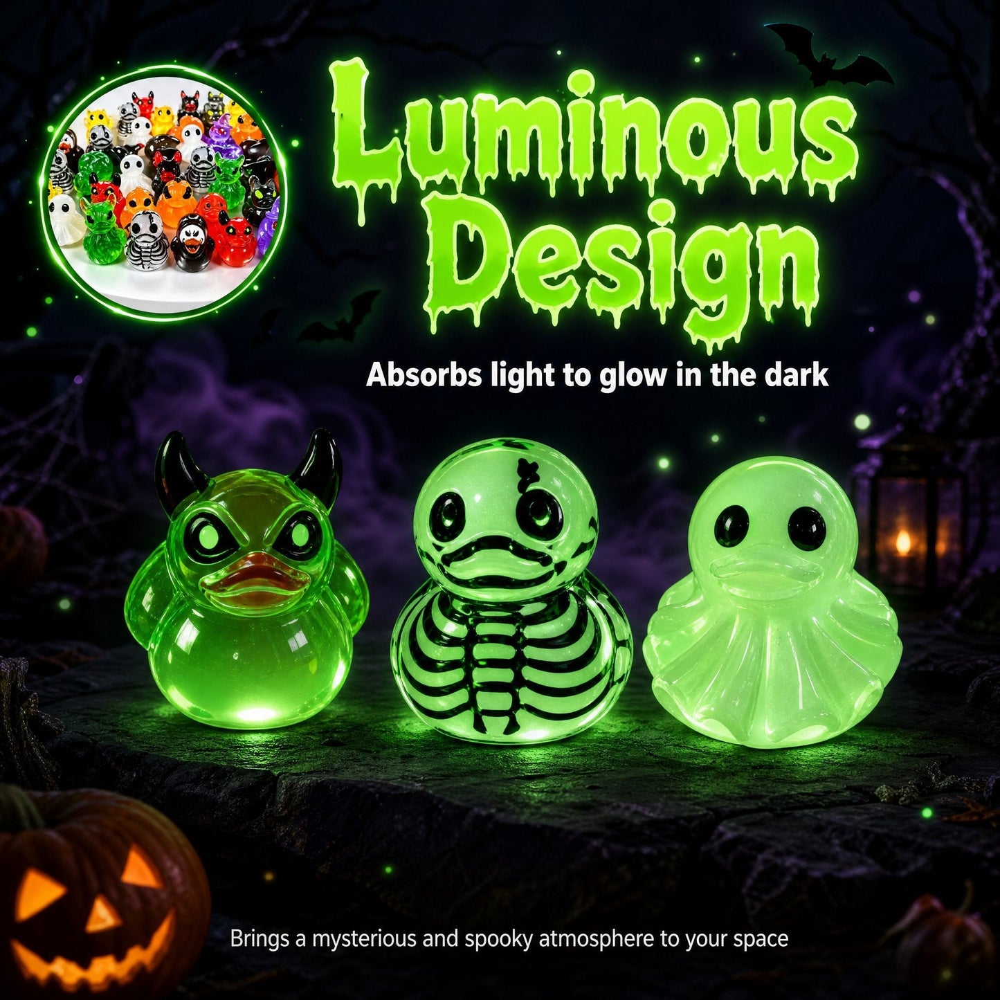 👻🎃Glow-In-The-Dark Mini Halloween Duck Set - Luminous Resin Figurines & Spooky Statues for Desk & Micro-Landscapes