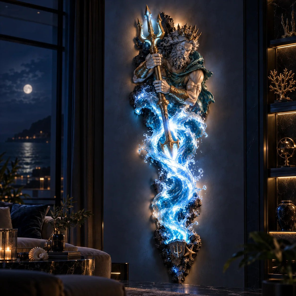Poseidon glowing mythological wall lamp in interior