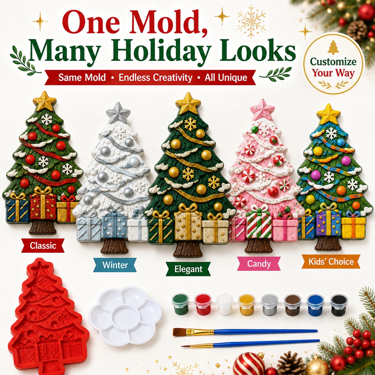 🎉🎄 DIY Christmas Tree Mold & Paint Craft Kit | Reusable 3D Mold with 8 Acrylic Paints, 2 Brushes & Festive Detail Guide 🎨✨