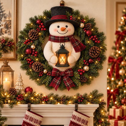 🎄 Christmas Sale | Light-Up Snowman Wreath with Lantern – Cozy Holiday Door Décor