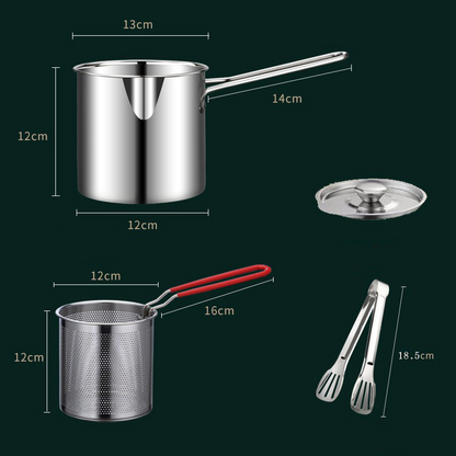🍟 Personal Mini Deep Fryer Set – Stainless Steel Pot with Lift-Out Draining Basket & Food Tongs
