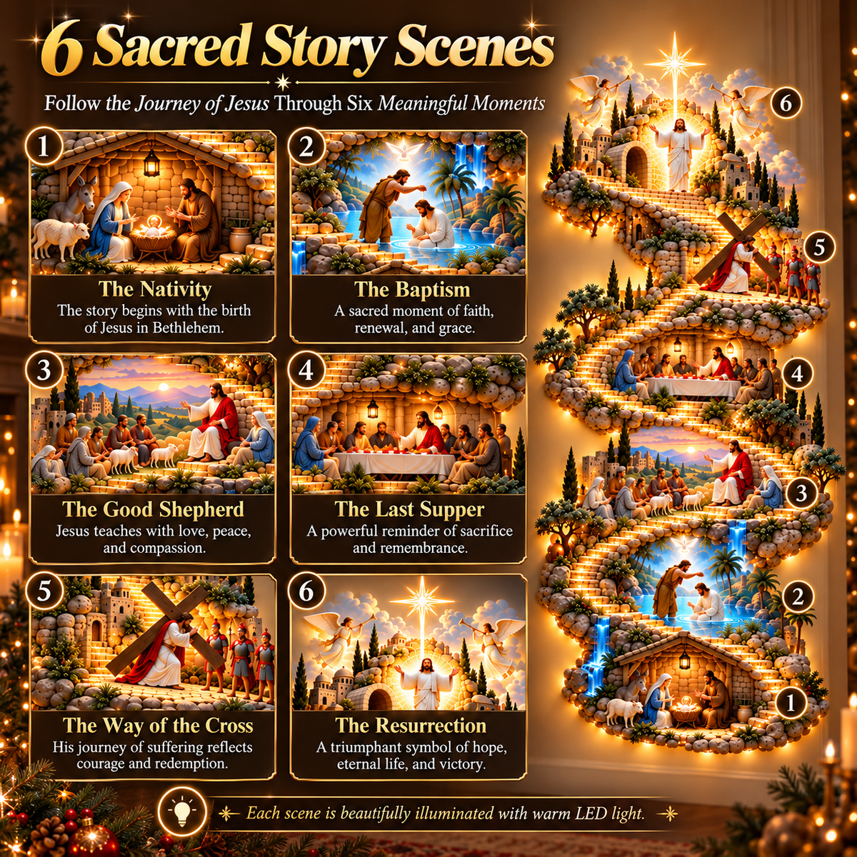 Six biblical story scenes in The Journey of Jesus
