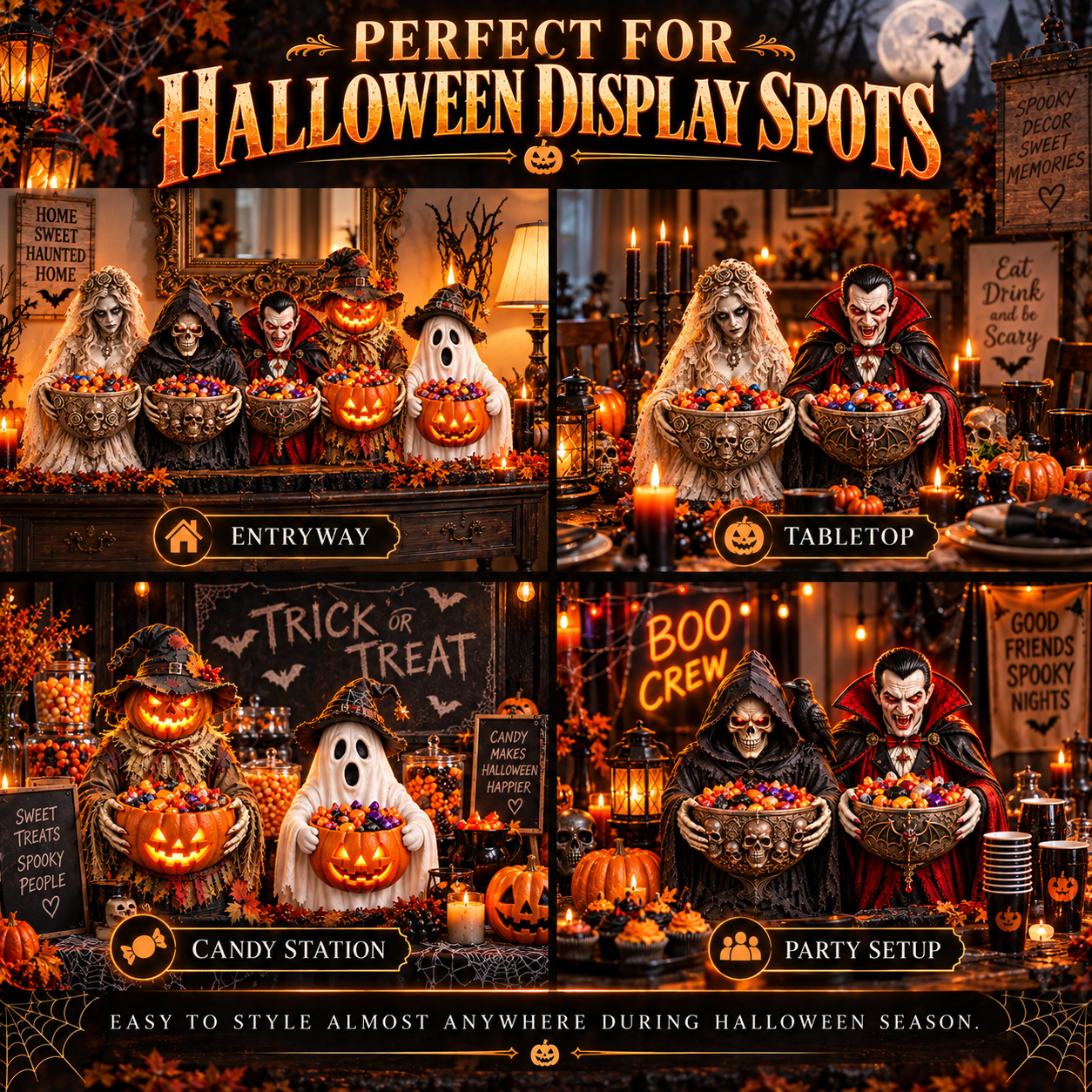 Halloween Guardian candy bowls in entryway tabletop candy station and party displays