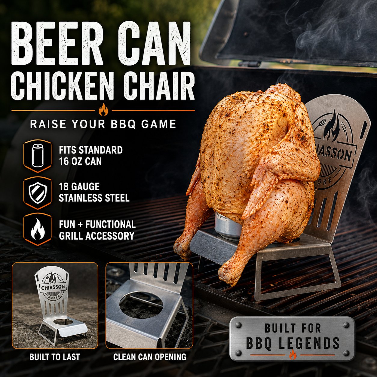 🍗 Chiasson Smoke Beer Can Chicken Chair | Heavy-Duty 18-Gauge Stainless Steel Holder for Stable Upright Grilling & 16 oz Cans 🔥