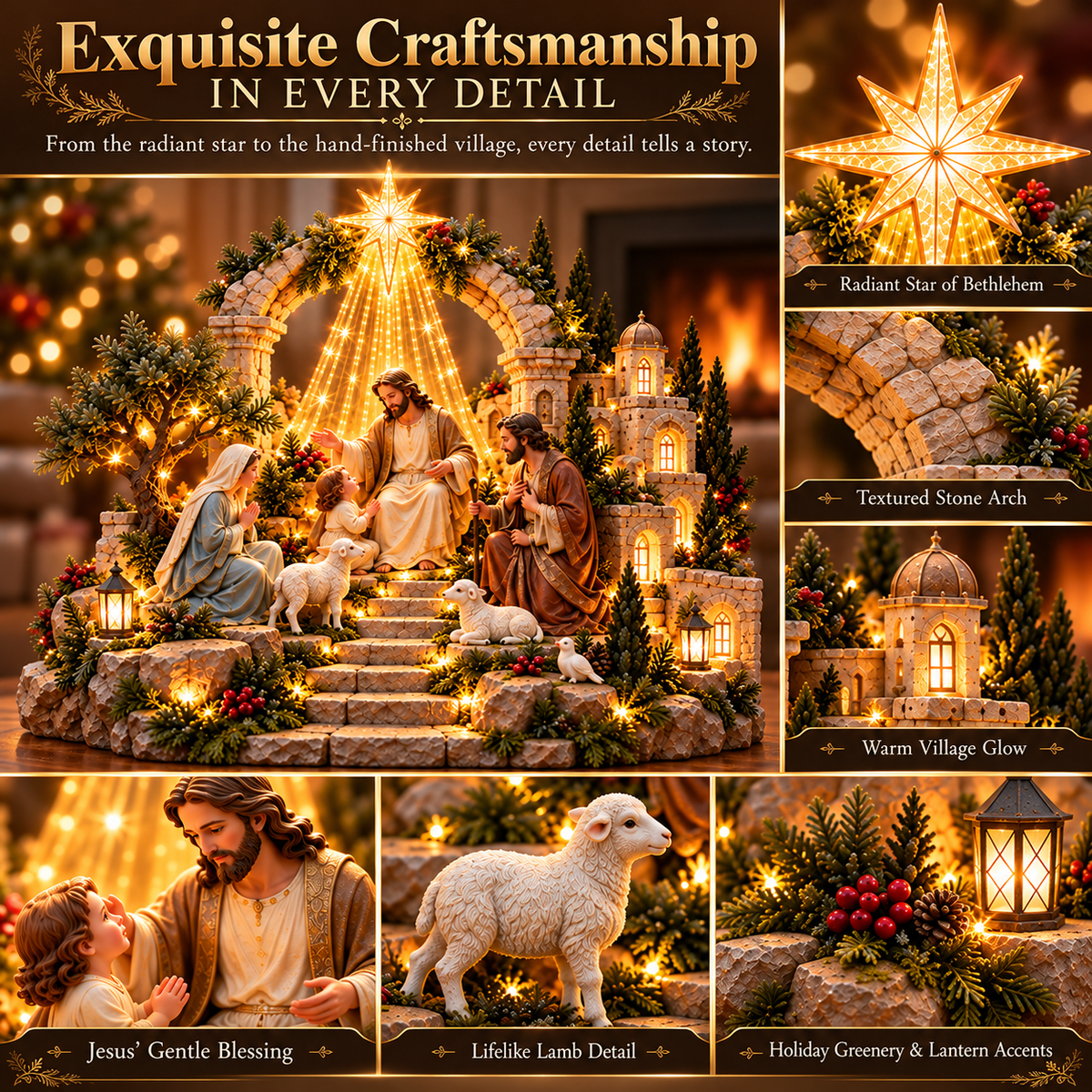 Detailed view of Star of Bethlehem, Jesus sculpture, textured stone and village decorations