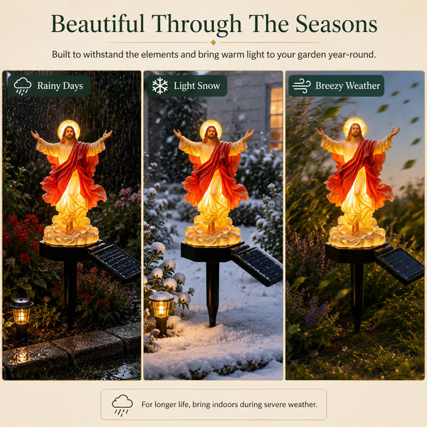 Outdoor display examples in rain, light snow, and breezy weather, with a reminder to bring the statue indoors during severe weather