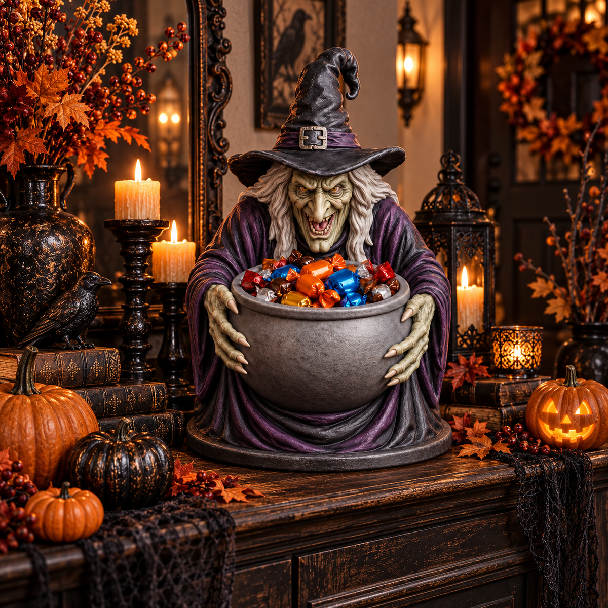 Halloween Witch Candy Bowl home scene
