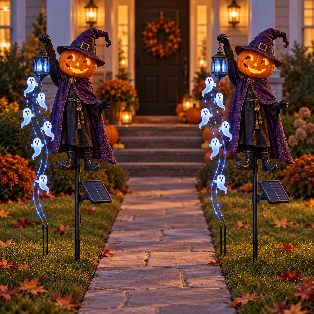 🎃 Halloween Sale 👻 Pumpkin Wizard Solar Garden Light with Glowing Ghost Cascade