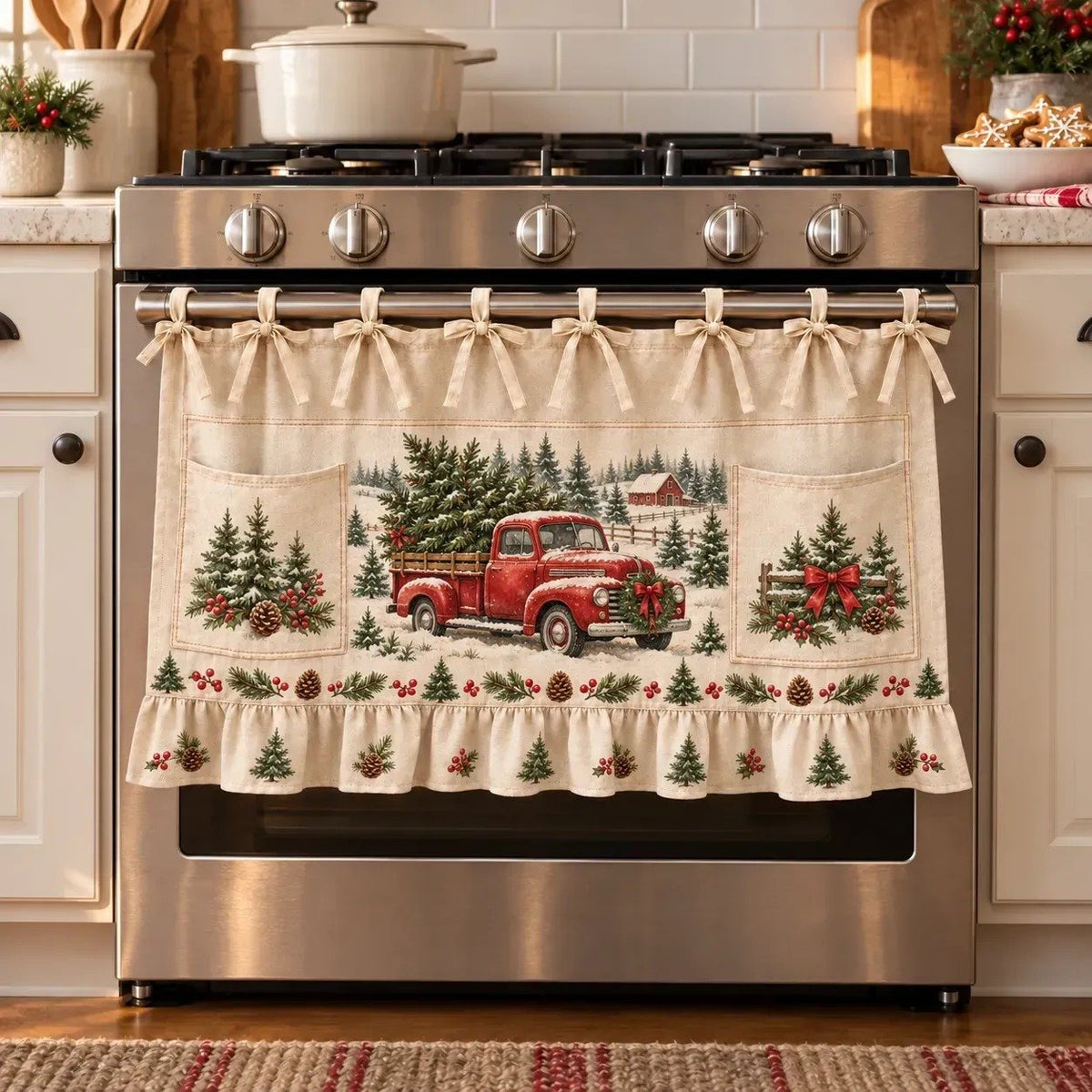 🎄 Christmas Kitchen Tie-On Skirt | Festive Holiday Designs with Pockets & Ruffled Trim