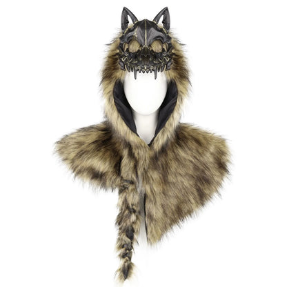 🐺 Viking Wolf Skull Faux Fur Hooded Cape – Halloween Cosplay Costume