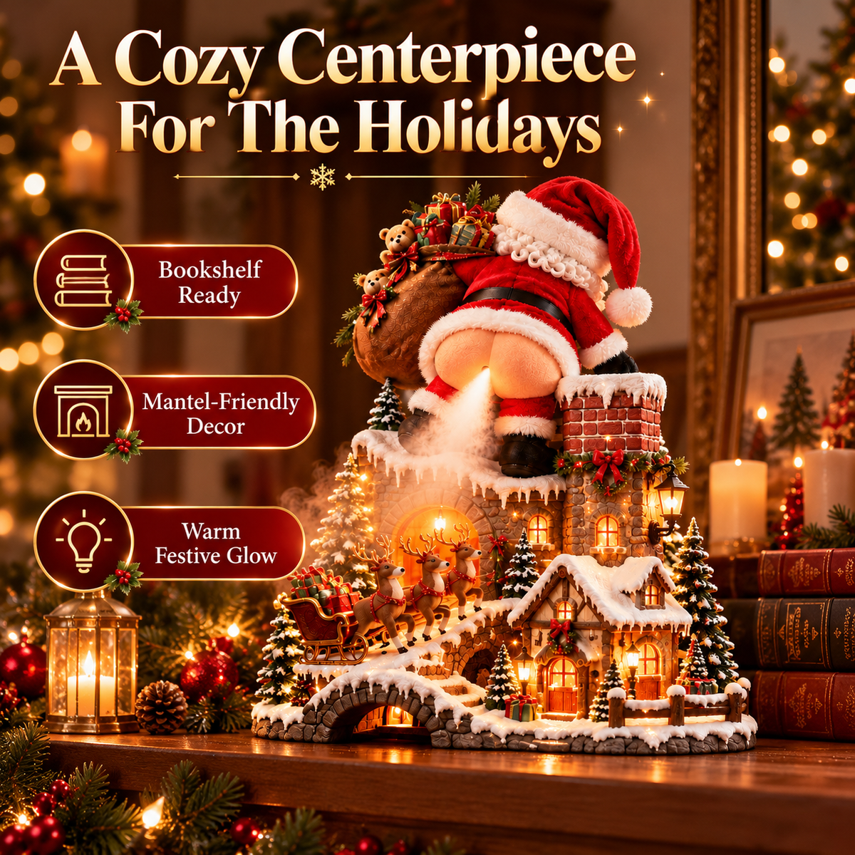 Lighted Christmas village diffuser displayed on a decorated holiday mantel