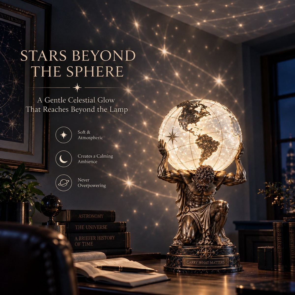 🌍 Atlas Worldbearer™ Illuminated Globe Sculpture – Carry the World. Light What Matters.