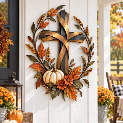 Autumn Cross & Pumpkin Harvest Metal Wall Decor