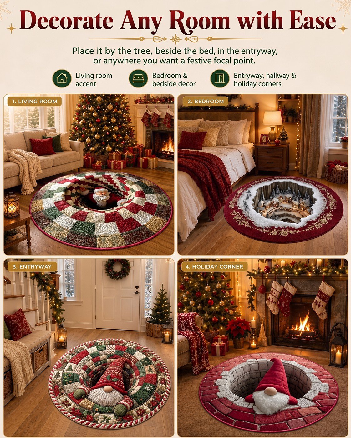 🎄3D Christmas Gnome Optical Illusion Round Rug | Fun Festive Home Decor Must‑Have⭐🏠🎁