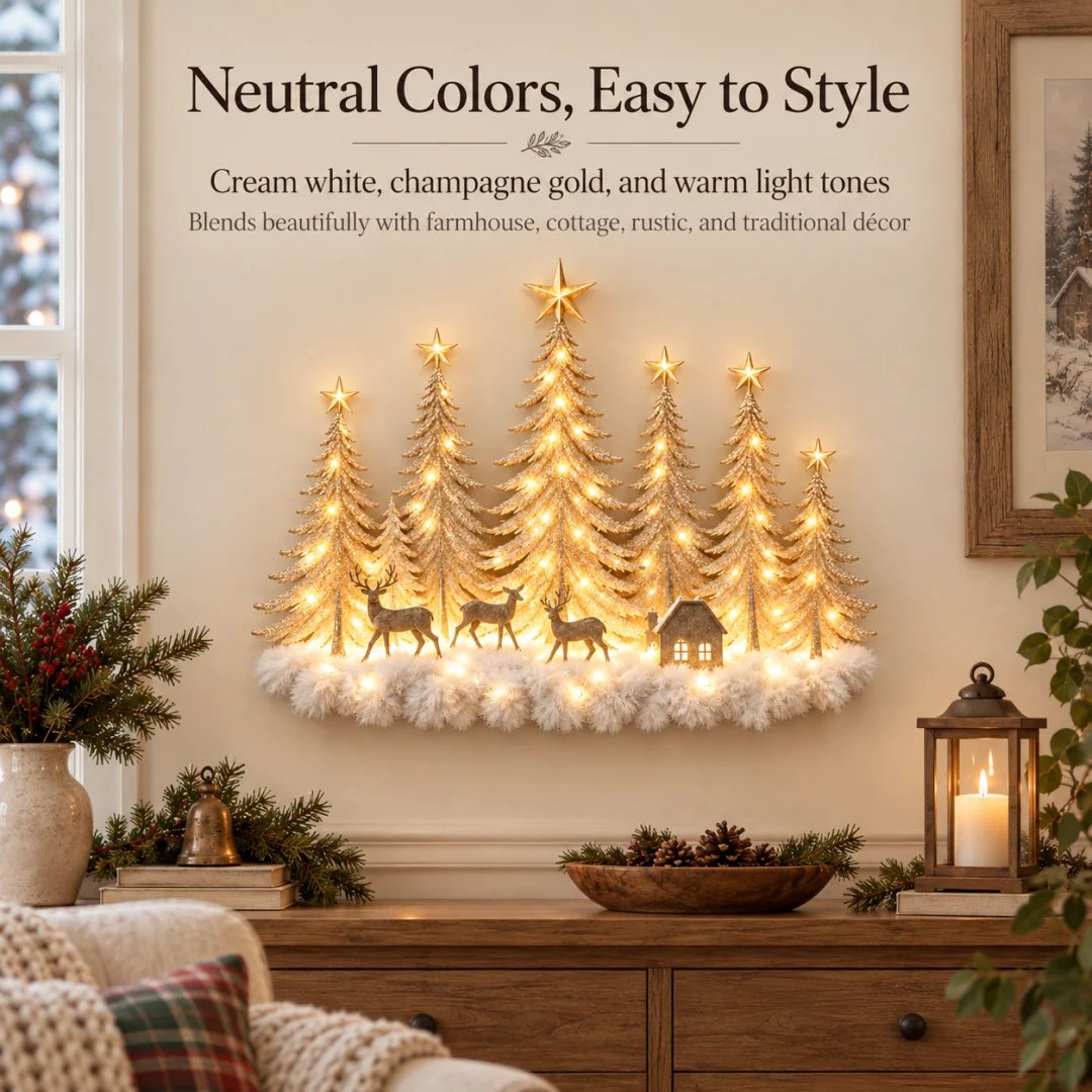 Neutral Christmas woodland wall decor with warm home styling