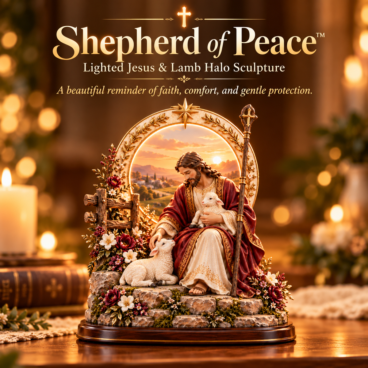 ✝️ Light of Grace™ – 3D Lighted Jesus & Virgin Mary Shepherd Blessing Sculptures