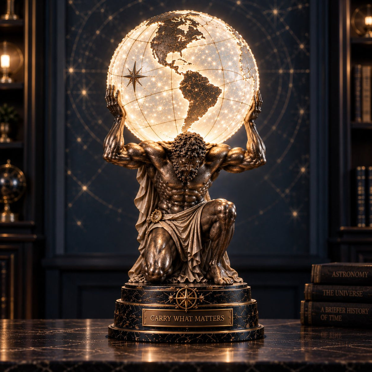 🌍 Atlas Worldbearer™ Illuminated Globe Sculpture – Carry the World. Light What Matters.
