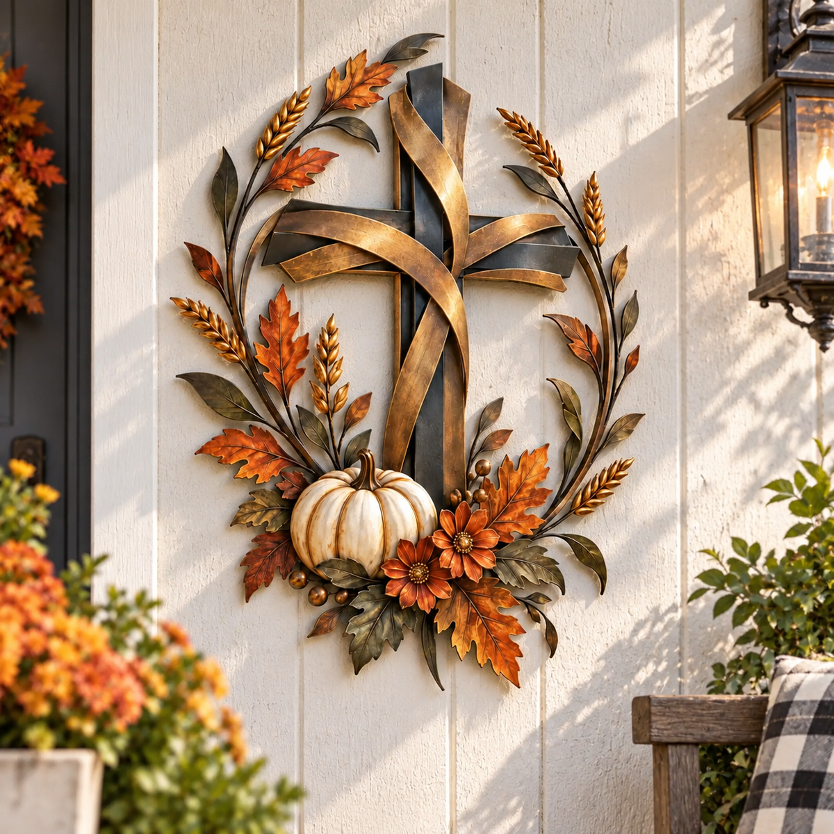 Autumn Cross & Pumpkin Harvest Metal Wall Decor