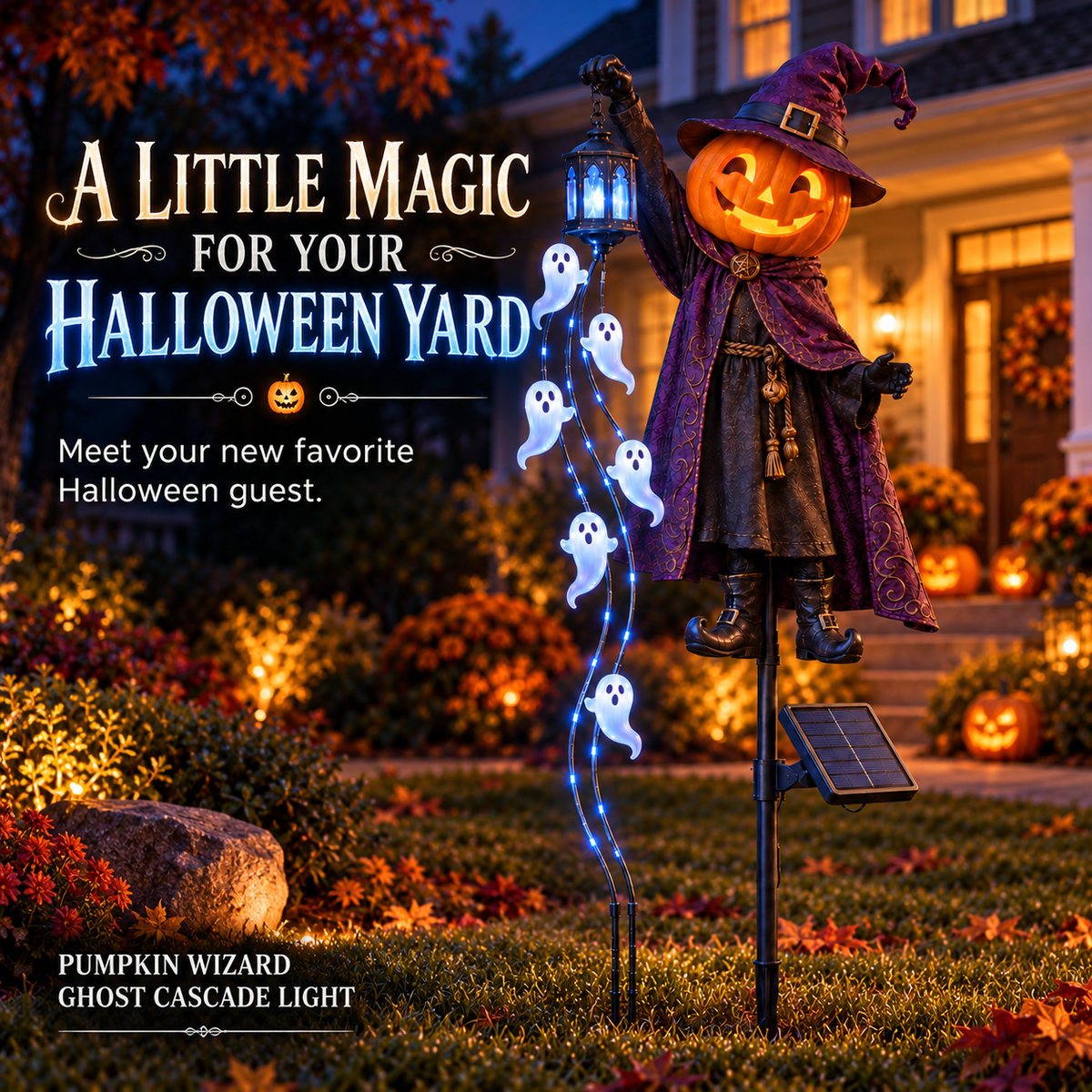 🎃 Halloween Sale 👻 Pumpkin Wizard Solar Garden Light with Glowing Ghost Cascade