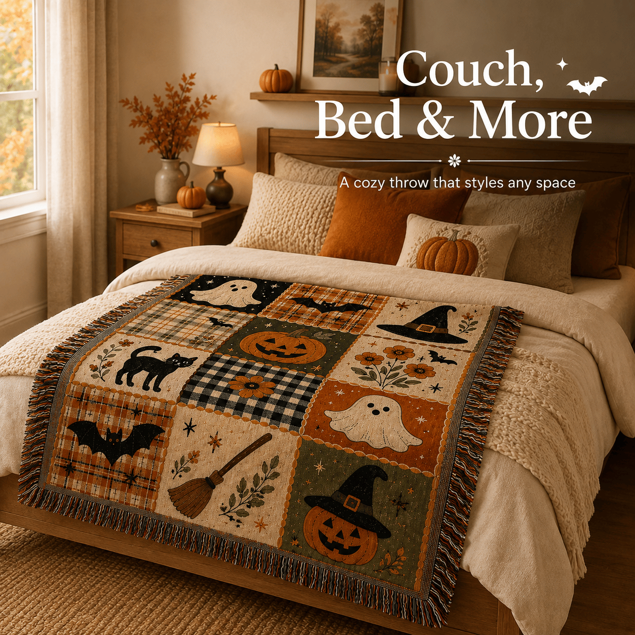 🍂🎃Vintage Halloween Woven Throw: 12-Tile Jacquard Blanket with Fringe