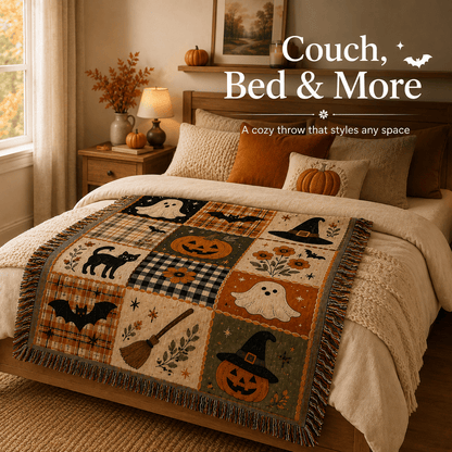 🍂🎃Vintage Halloween Woven Throw: 12-Tile Jacquard Blanket with Fringe