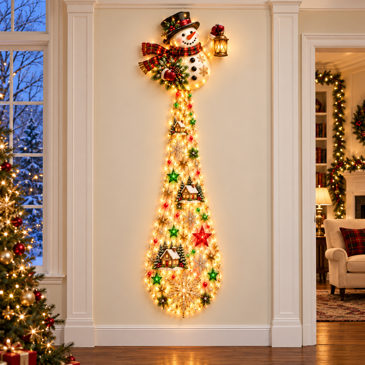 Snowman cascade wall light on a tall wall beside a Christmas tree and a living room doorway