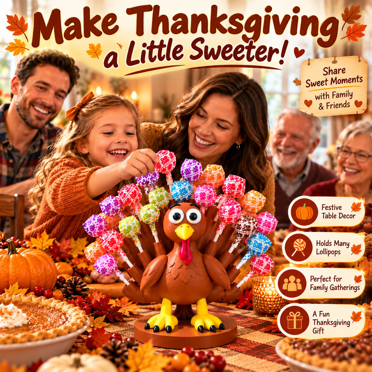 🦃🍭 Adorable Thanksgiving Turkey Lollipop Holder-A Sweet & Festive Holiday Table Centerpiece