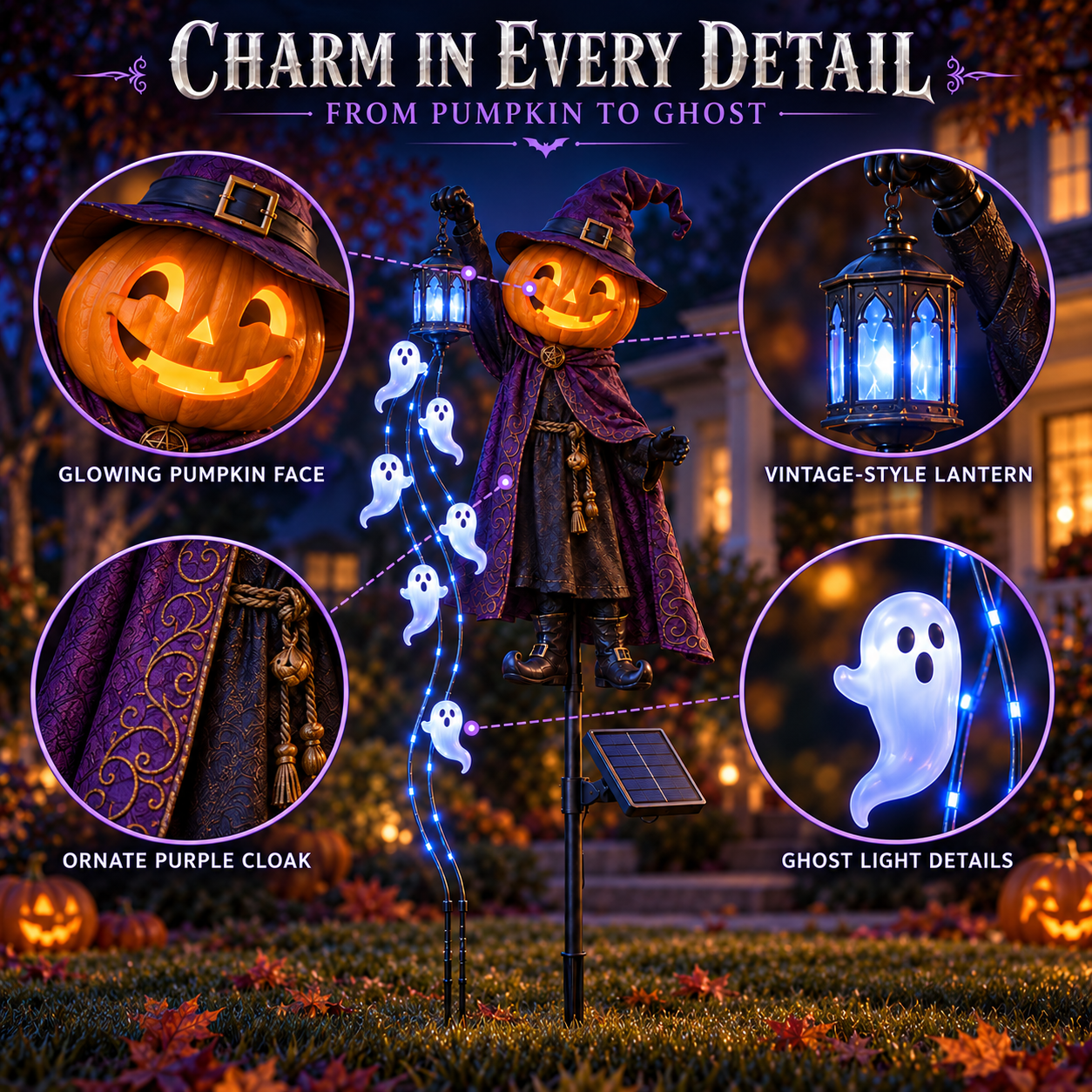 🎃 Halloween Sale 👻 Pumpkin Wizard Solar Garden Light with Glowing Ghost Cascade