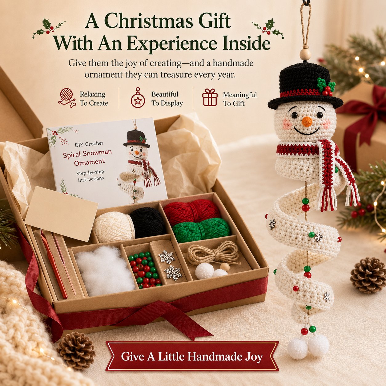 🔥 LAST DAY 49% OFF – ☃️ Crochet Snowman Spiral Ornament DIY Kit | Complete Beginner-Friendly Set with Soft Yarn, Crochet Hook, Festive Beads, Snowflakes & Step-by-Step Guide 🧶🎄✨