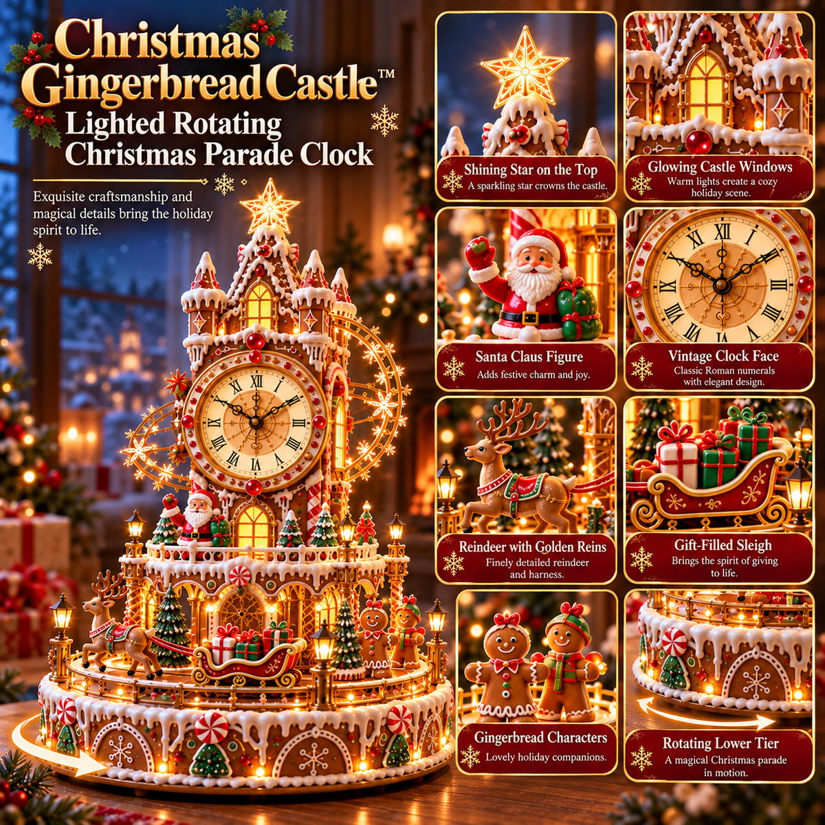 Detailed gingerbread castle with Santa, reindeer, gifts, clock and peppermint decorations