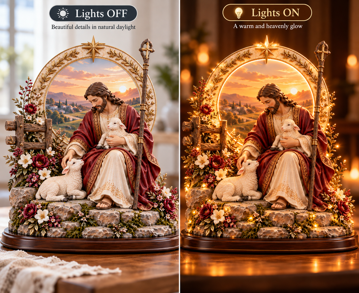 Jesus Shepherd of Peace daytime and nighttime comparison