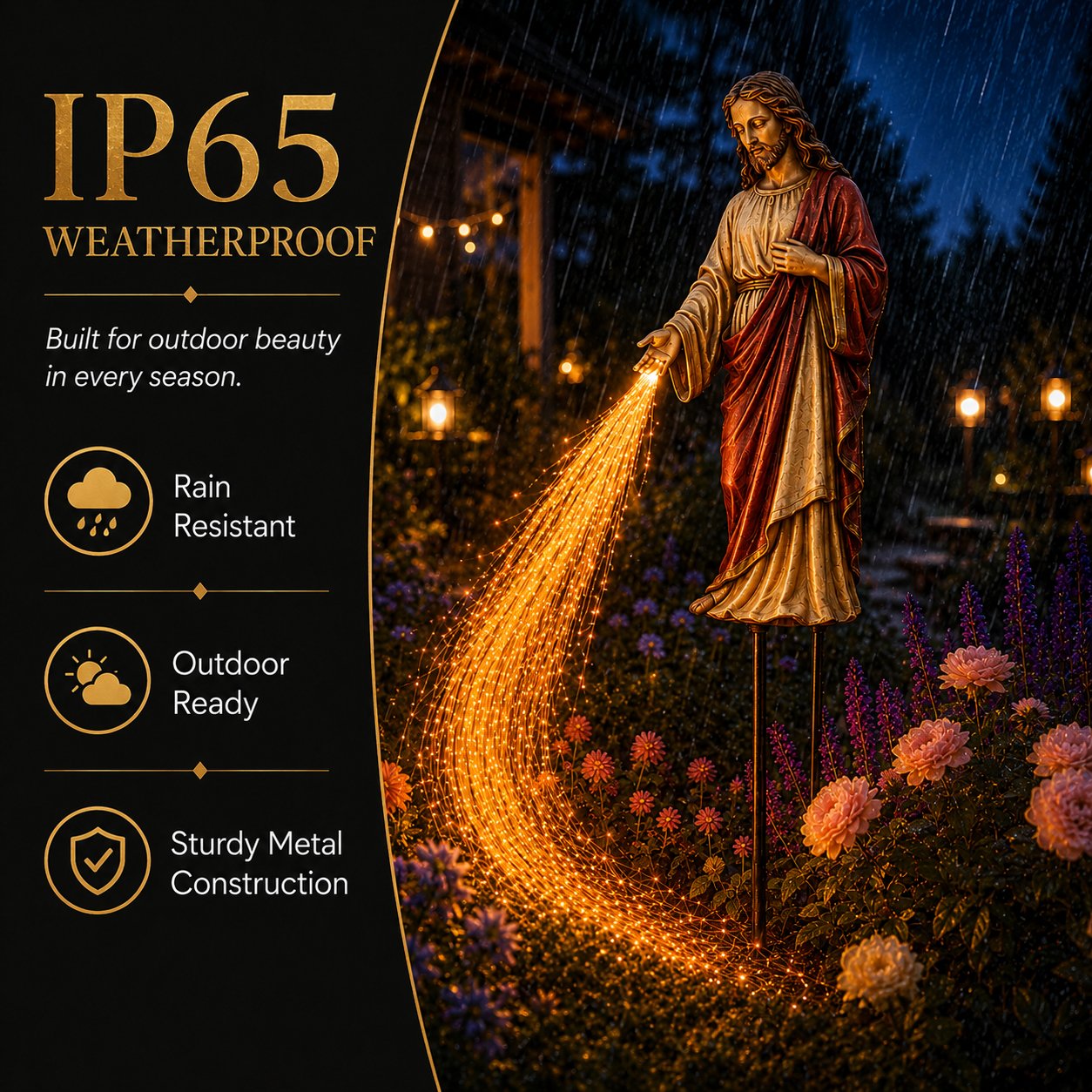 Outdoor weather resistance details for the Solar Jesus garden light